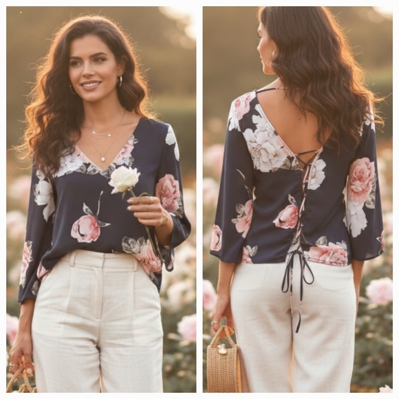 Dynamite Tops - Dynamite S Soft Romantic Whimsigoth Fairy Grunge Floral Criss-Cross Back Blouse